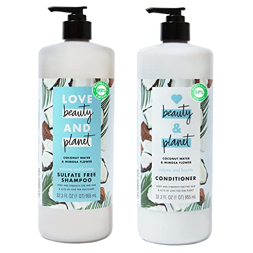 Love Beauty and Planet Volume and Bounty Thickening Shampoo and Conditioner Hair Care For Fine Hair Coconut Water and Mimosa Flower Sulfate-Free, Paraben-Free, Vegan 32.3 oz 2 Count