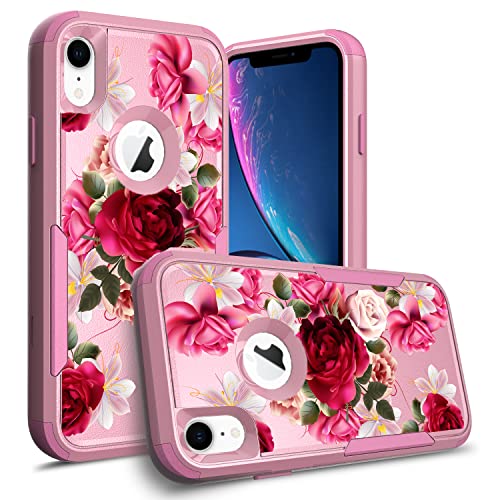 STORM BUY Compatible for Apple iPhone XR Case, Pink Cute Women & Girls Heavy Duty Armor [ Red Rose Floral ] Shockproof Protective Hard Phone Cases Flower Cover for iPhone XR -TQ RR