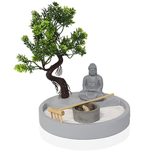 Round Shape, Zen Garden Tealight Candle Holder with a Mini Buddha Statue and a Bonsai Tree – A Perfect Japanese Art for Relaxation and Meditation – Free Your Mind with Our Mini Zen Garden Decor, Gray