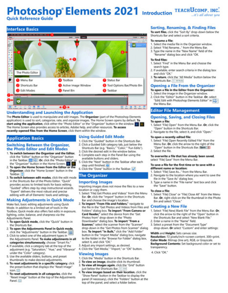 Adobe Photoshop Elements 2021 Introduction Quick Reference Training Guide Cheat Sheet