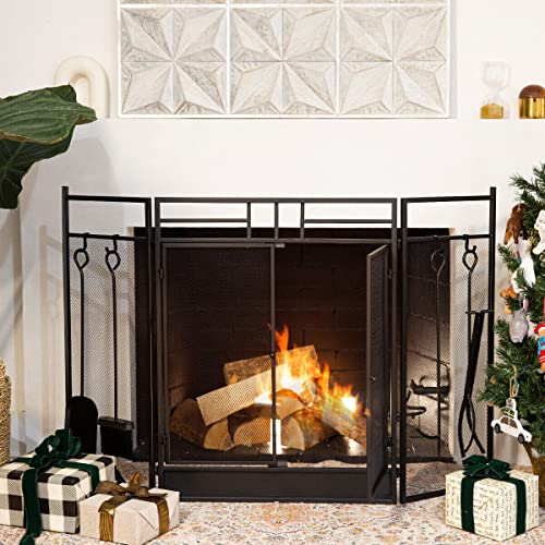 Barton 3-Panel Folding Fireplace Screen W/Magnetic Doors and 4-Pieces Fire Place Tools Set Home Steel Fire Spark Guard, Black