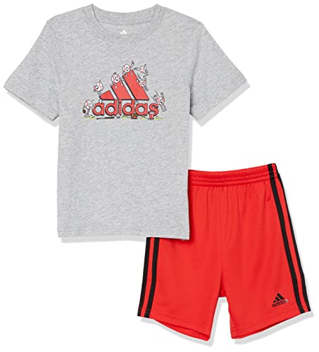 adidas Boys’ Toddler Short Sleeve Cotton Graphic Tee & Short Set, Grey Heather with Red, 4T