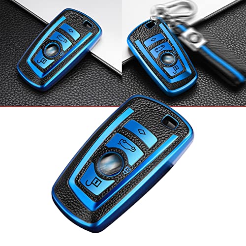 Xotic Tech Blue TPU Grainy Leather Texture Key Fob Shell Cover Case, Compatible with BMW 1 2 3 4 5 6 7 Series X3 X4 M2 M3 M4 M5 M6 F12 F20 F21 F22 F25 F30 F31 GT3 Z4 4-Button Smart Keyless Entry Key
