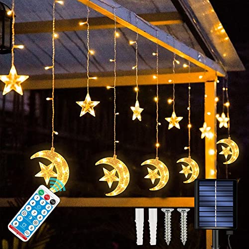 FUNPENY Solar Star and Moon Fairy String Lights 138LED 8 Lighting Modes Outdoor / Indoor Waterproof Twinkle Curtain Light for Backyard Garden Patio Home Ramadan Decoration