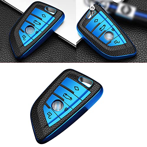 Xotic Tech Blue TPU Grainy Leather Texture Key Fob Shell Cover Case, Compatible with BMW 2 3 5 7 Series X1 X2 X3 X5 X6 X7 X5m Z4 M3 M5 M6 G05 G20 G30 G31 G80 F10 F15 4-Button Smart Keyless Entry Key