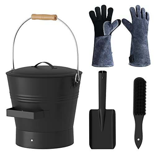 JWX ash Bucket with Shovel and lid, Fireplace Tool Sets with fire and Heat Resistant Leather Gloves, Metal Galvanized Bucket with Brush
