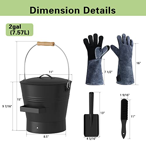 JWX ash Bucket with Shovel and lid, Fireplace Tool Sets with fire and Heat Resistant Leather Gloves, Metal Galvanized Bucket with Brush | The Storepaperoomates Retail Market - Fast Affordable Shopping