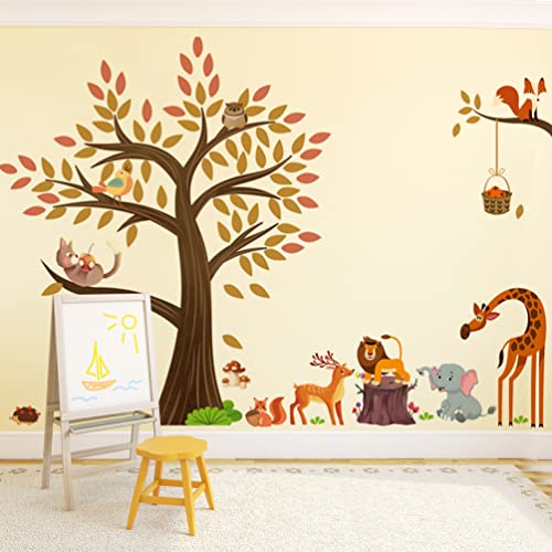 DEKOSH Woodland Nursery Decor Peel & Stick Jungle Tree Kids Wall Decals with Giraffe, Lion & Elephant | Colorful Decorative Wall Art for Baby Nursery, Kids Playroom