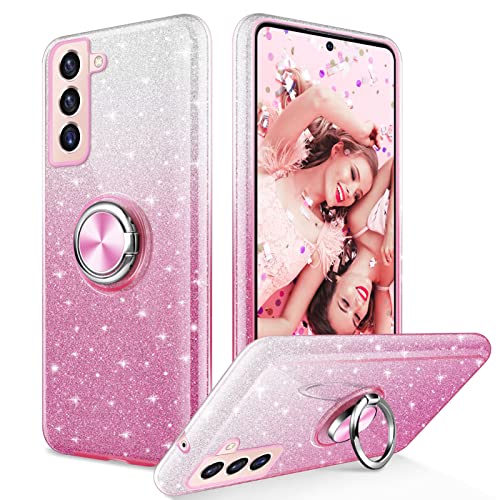 KSWOUS for Galaxy S22 Case Shockproof Glitter Sparkly Bling Pink Protective Cover with Kickstand for Women Girls Slim Military Grade Protection Dust Proof Case for Samsung S22 (Pink)