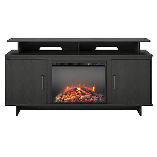 Ameriwood Home Merritt Avenue Electric Fireplace Console with Storage Cabinets for TVs up to 74″, Black Oak