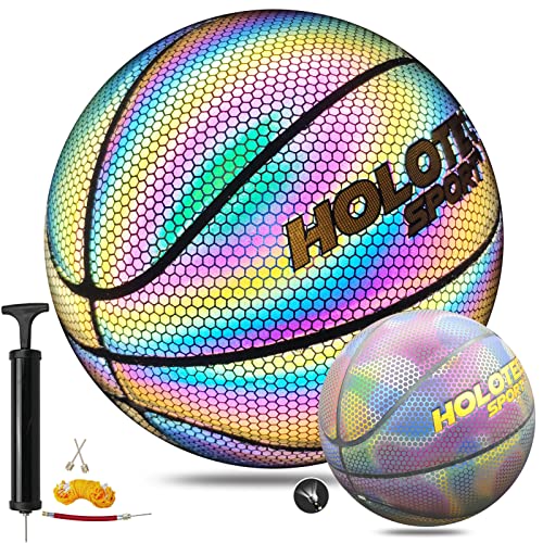 KPASON Basketball, Holographic Reflective Glowing Basketball, Indoor Outdoor Night Basketball Game, Adult & Kids Girls Boys Basketball Gift, Composite Leather Basketballs