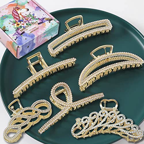 6 Pcs Large Metal Hair Claw Clips,Claw Clips with Pearl and rhinestone,4.3″ Hair Clips for Women & Girls ,6 Styles Strong Hold Metal Claw Hair Clips for Women Thick Hair & Thin Hair,Non-Slip/Rust Claw