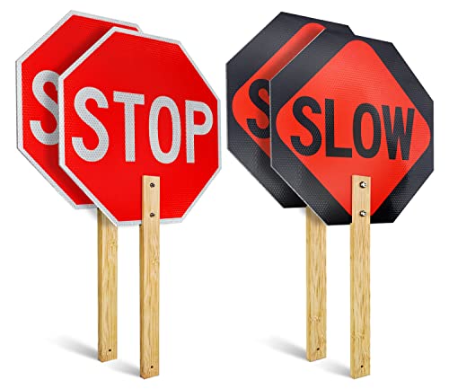 Stop Slow Sign with Bamboo Handle, 2-Pack 13″ x 13″ Double Sided Engineer Grade Aluminum Sign, Reflective,Sturdy, Easy to Assemble