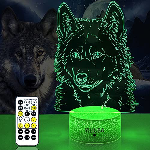 YILIUBA Wolf Lights, 3D LED Illusion Wolf Lamp, Night Light Kid’s Room, LED Wolves Décor Lamp and it Comes with a Remote Control and 7 Diff Colors Wolves Gifts as Birthday Present for Boys/Girls/Baby