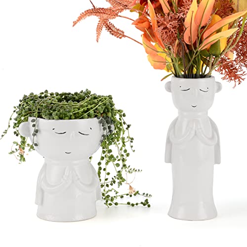 Gowew White Ceramic Vase, Amaranth Vase, Small Succulent Pots, Boho Vase for Office and Home Decor, Cute Unique Angel Shaped Face Vase Set of 2