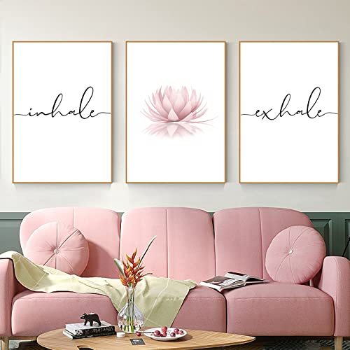 Inhale Exhale Wall Art Decor – Inhale Exhale Canvas Wall Art Zen Pictures Wall Art Yoga Pink Lotus Wall Art Meditation Poster Artwork for Living Room Bedroom 16×24 Inch (set of 3) Unframed