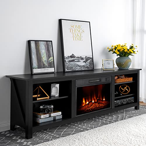 Amerlife Fireplace TV Stand, Wood Texture Entertainment Center with 23″ Electric Fireplace, Farmhouse Entertainment Stand Media TV Console for TVs Up to 80″, 70 inches, Black