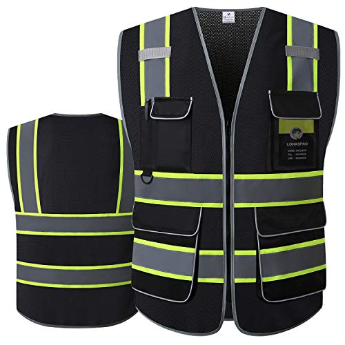 LOHASPRO Safety Vest High Visibility – Mesh Reflective Vest with Pockets for Men & Women – ANSI/ISEA Standards (Large, Black 02)