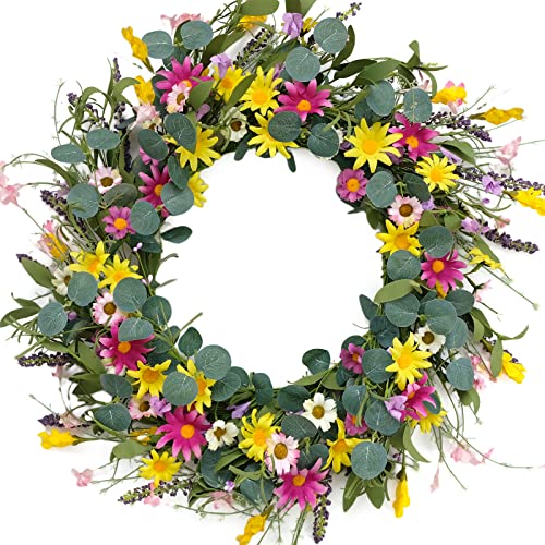 GAUDIUM 20inch Artificial Spring Wreaths, White Pink and Yellow Daisy Wreaths, Front Door Window Home Decor Wreaths and Holiday Celebrations Multicolor