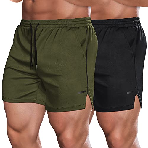 COOFANDY Men’s 2 Pack Gym Workout Shorts Mesh Lightweight Bodybuilding Pants Training Running Sports Jogger with Pockets Black/Army Green