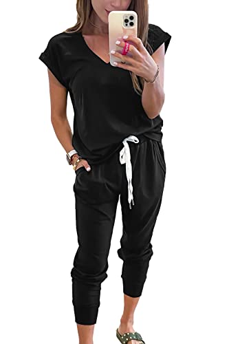 PRETTYGARDEN Women’s Two Piece Tracksuit V Neck Short Sleeve Tops Long Pants With Drawstring Outfits Jogger Sets(Black,Large）
