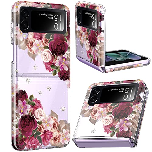 ACKETBOX Galaxy Z Flip 3 Case,Glitter Clear Sparkly Bling TPU Built-in Non-Slip Mat Impact Resistant Shockproof Hybrid Full Body Protective Case Cover for Samsung Galaxy Z Flip 3 5G 2021 (Flower)