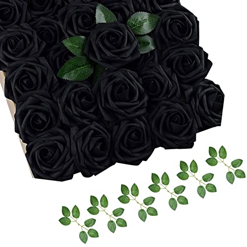 cosybeau Black Roses for Halloween Decor 50 PCS Halloween Flowers DIY for Crafts, Black Flowers Bouquets for DIY Black Roses Artificial Flowers for Party Home Garden Decor