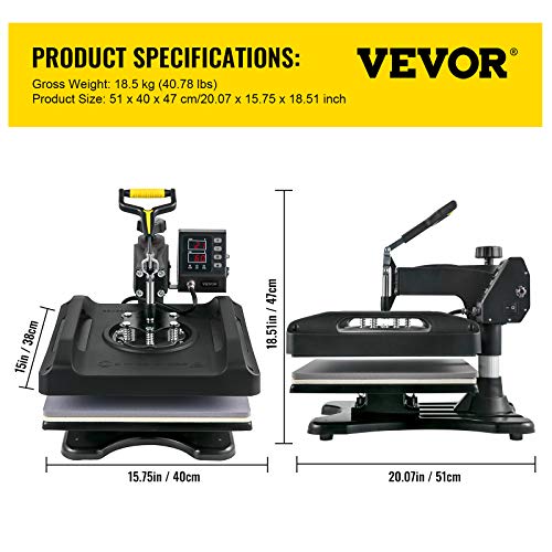 VEVOR Heat Press Machine, 15x15in 8in1 Heat Press, 800W Sublimation Machine, 360° Rotation Swing-Away Heat Press, Dual-Tube Heating Printing for DIY T-Shirts Cap Mugs (Black) | The Storepaperoomates Retail Market - Fast Affordable Shopping