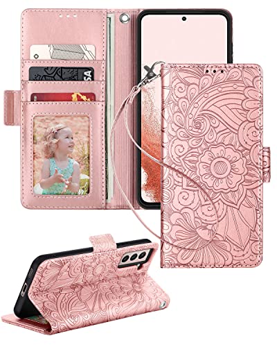 Petocase for Samsung Galaxy S22 Wallet Case,Embossed Mandala Floral Leather Folio Flip Wristlet Shockproof Protective ID Credit Card Slots Holder Cover for Samsung Galaxy S22 Rose Gold