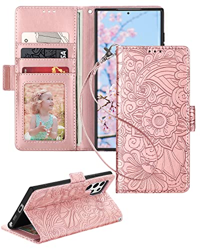 Petocase for Samsung Galaxy S22 Ultra Wallet Case,Embossed Mandala Floral Leather Folio Flip Wristlet Shockproof Protective ID Credit Card Slots Holder Cover for Samsung Galaxy S22 Ultra Rose Gold