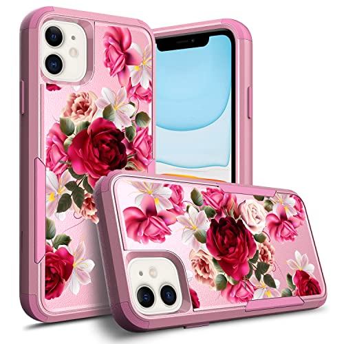 Compatible for Apple iPhone 11 Cases, Pink Cute Women & Girls Heavy Duty [ Red Rose Floral ] Cover with [ Shockproof ] Protective Flower Phone Case for iPhone 11 -TQ RR