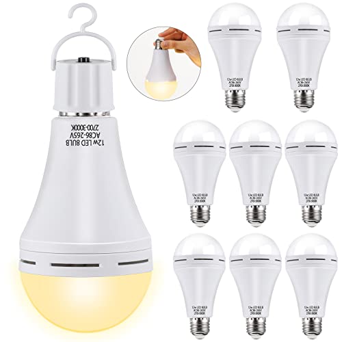 8 Pack Emergency Rechargeable LED Light Bulb 3000K Soft White Light Bulbs for Power Failure with Hook 1200mAh 12W 60W Equivalent LED Light Bulbs for Home Camping Outdoor Activity Power Outage (8 Pack)