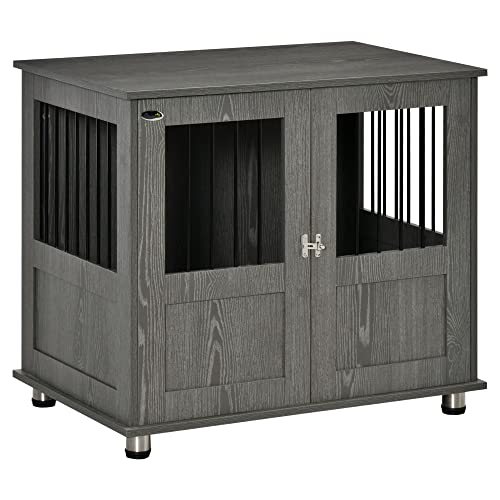 PawHut Dog Crate Furniture, Wooden End Table Furniture with Cushion & Lockable Magnetic Doors, Small Size Pet Kennel Indoor Animal Cage, Grey
