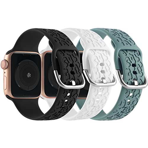 3 Pack Cheetah Engraved Strap Compatible with Apple Watch Bands 38mm 40mm 41mm,Fancy Leopard Laser Printed Soft Silicone Accessories for iWatch Series 1 2 3 4 5 6 SE 7 (Thin Black Green, 38/40/41mm)