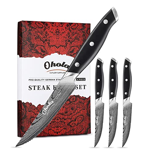 Ohola Premium Steak Knife Set, Steak Knives Set of 4, 4.5-inch Serrated Steak Knives, Dinner Knives, German High Carbon Stainless Steel, Gift Box