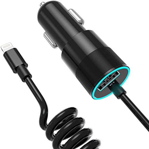 Coiled Cable Car Charger Compatible iPhone 13 12 11 10 Pro XR/X/XS MAX / 8 Plus / 8/7 / 6s / 6s Plus 5S 5 5C SE, iPad and More, with Extra USB Port