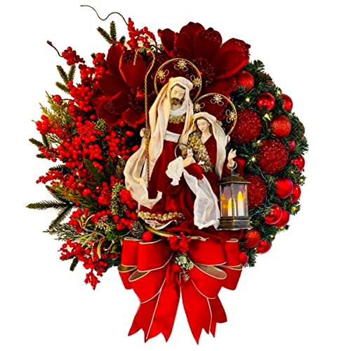 WDhomLT Christmas Wreath Sign Holiday Wall Décor Holy Jesus Print Berry Clusters Bow Artificial Decorations Ornaments, Red