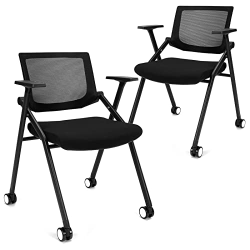 [2 Pack] Stackable Conference Room Chairs with Wheels and Paddle, Ergonomic Mesh Back and Arms for Meeting, Conference, Reception, Training Room & Home Office Desk Folding Chairs