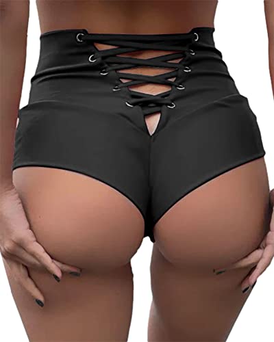 BZB Women’s High Waisted Lace Up Yoga Shorts Cross Pole Twerk Dance Hot Panties Running Leggings Black
