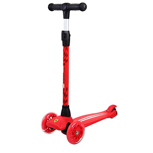 DAKOTT Ferrari Three Wheeled, Lean-to-Steer, Fold-to-Carry Italian-Designed Ferrari Scooter for Kids with Motion-Activated Light-Up Wheels for Ages 3-12 Years Old.,RED,FXK108RED