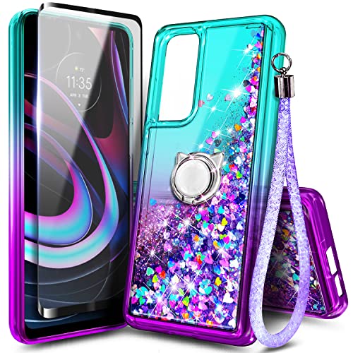NZND Case for Motorola Moto Edge 5G UW/Moto Edge 2021 with Tempered Glass Screen Protector (Maximum Coverage), Ring Holder/Wrist Strap, Glitter Liquid Cute Case (Aqua/Purple)