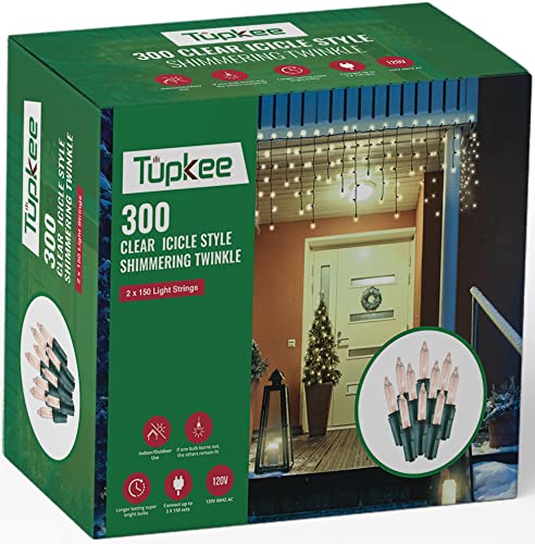 Tupkee Christmas Icicle Lights 300 Clear Bulbs – Random Shimmering Twinkle Lights – 12 of 100 Bulbs Twinkle – 17 Feet Incandescent, Icicle Style Mini Lights – Indoor & Outdoor Christmas Decorations