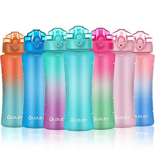 OLDLEY Kids Water Bottle with Straw for School Girls Boys, 15 oz Unbreakable Leak-Proof BPA-Free Motivational Water Bottles with Times to Drink for Travel Sports Gym, 1 Straw Lid, Turquoise