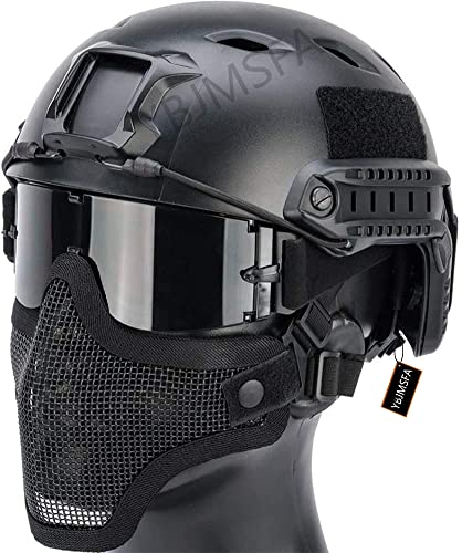 Not a defect Tactical Airsoft Quick Helmet PJ Type and Foldable Half-Face Air Gun Mesh Mask, Safety Goggles with 3 Lenses, Suitable Not a defect Head circumference 54~63CM