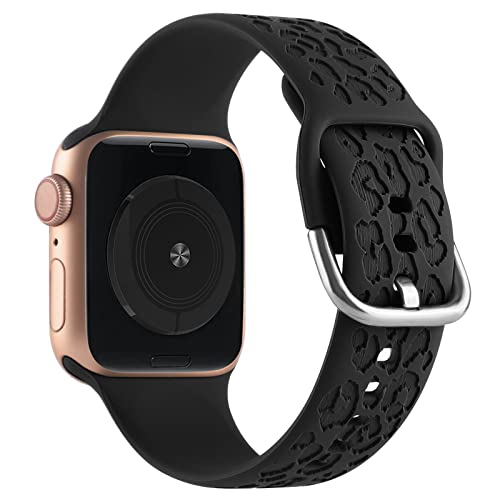 Leopard Engraved Design Sport Bands Compatible with Apple Watch iWatch Bands 40mm 38mm 41mm, Fancy Cheetah Laser Printed Soft Silicone Strap for iWatch Series 7-1 & SE (Leopard Black, 38/40/41mm)