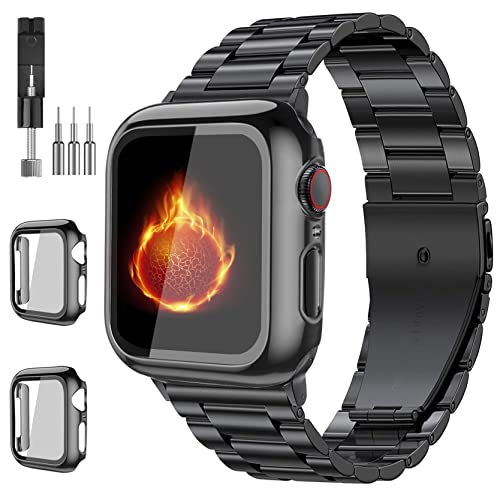 Bekomo Compatible with Apple Watch Band 49mm 44mm 45mm 42mm 40mm 38mm 41mm, Stainless Steel Metal XL large iWatch Bands with 2 Pack Tempered Glass Screen Case for Series Ultra 8/7/6/5/4/3/2/1/SE for Men Black