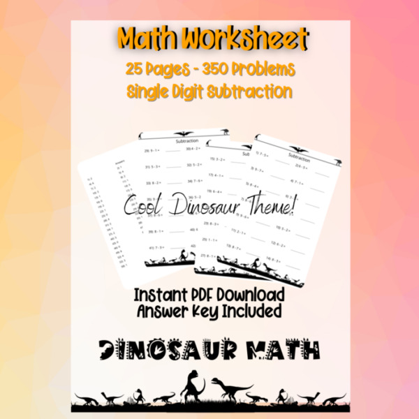 Math Worksheet Bundle – Single Digit Subtraction Math Problems – Dinosaur Themed