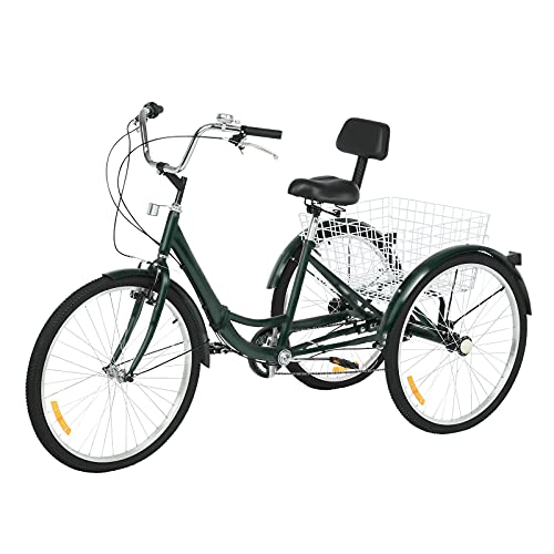 Adult Tricycle Three Wheel Bike 7 Speeds 26-Inch Wheel Cargo Basket. Rear Basket Adjustable Height Seat for Recreation, Shopping Men’s Women’s Bike (Army Green, 1121)