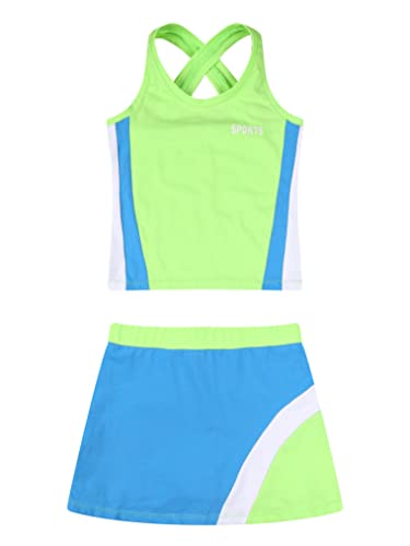 Yeahdor Kids Girls 2 Pieces Tennis Golf Dress Set with Shorts Racerback Tank Tops and Tennis Skirt Skorts Tracksuit Set Fluorescent Green 8