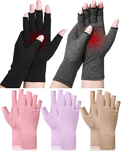 SATINIOR 5 Pairs Arthritis Compression Gloves Fingerless Compression Gloves Arthritis Gloves Joint Relief Gloves for Dailywork (Medium), Black, Gray, Beige, Pink, Purple